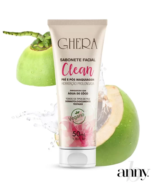 O Sabonete Facial Clean Ghera 50ml limpa profundamente o rosto enquanto hidrata a pele com água de coco. Ele remove impurezas e maquiagem de forma eficaz, sem causar ressecamento. Com uma fórmula vegana e dermatologicamente testada, o sabonete mantém a pele fresca, macia e saudável desde o primeiro uso.